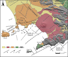 Schema geologico-strutturale della Piana Campana. 1) sedimenti alluvionali recenti; 2) vulcaniti del Somma-Vesuvio; 3) vulcaniti del Distretto Vulcanico Flegreo (Ischia, Procida e Campi Flegrei); 4) sedimenti terrigeni miocenici;5) unità carbonatiche mesozoiche; 6) faglie; 7) sovrascorrimenti; 8) bordi calderici. Figura da Di Vito, De Vita, Piochi, AIQUA 2013 campania vulcani1