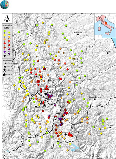 Figura 3 – Mappa delle intensità EMS98 valutate per i terremoti del 26 e 30 ottobre 2016. Le stelle indicano eventi avvenuti dopo il 26 ottobre 2016 con magnitudo maggiore o uguale a 4.7. ns13 quest3