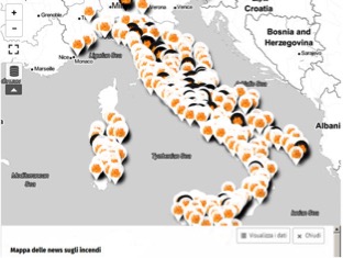 Figura 3. Dal sito www.Italiaafuoco.info, la mappa delle news sugli incendi dal 2009 ad oggi. ns14 incendi3