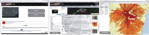 Figura 1: Pagina iniziale del Geoportale http://geodb.ct.ingv.it/geoportale/ e le due schermate Map Lab e Geo Explorer geoportale ingv