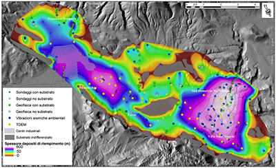 Modello 3D della media valle dell’Aterno. Lo spessore dei depositi di riempimento è rappresentato con equidistanza tra le curve di livello di 100 m. I pallini gialli rappresentano le misure TDEM, quelli blu le misure di vibrazioni sismiche ambientali. mediavalle2