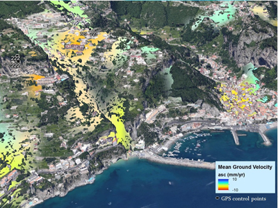Risultati del progetto LCC che mostrano la velocita’ media di deformazione del terreno nel comune di Amalfi ricavata da dati della serie temporale dei dati SAR Envisat-Asar (C. Spinetti, M. Bisson, C. Tolomei, L. Colini, A. Galvani, M. Moro, M. Saroli, V. Sepe) ENVISAT Amalfi