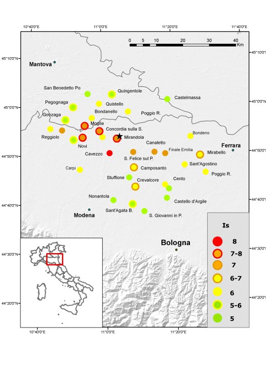 Distribuzione delle intensità macrosismiche “cumulative” relative all’intera sequenza emiliana del maggio-giugno 2012, espresse in scala europea EMS98. La stella nera rappresenta l’epicentro macrosismico (da Graziani et al., 2015). Fonte immagine: Blog INGVterremoti pennino1