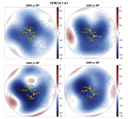 Ricostruzione del moto del polo geomagnetico (paleopolo) tra 5.000 e 2.000 anni fa.