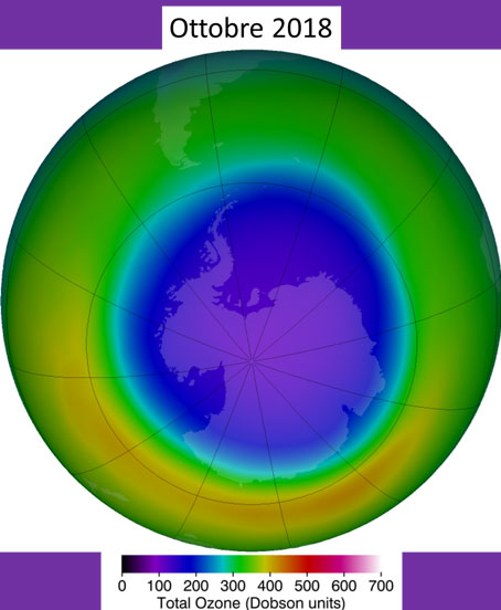 Una mappa a falsi colori del contenuto di ozono in atmosfera (in unità Dobson) sopra la regione antartica durante il mese di ottobre 2018