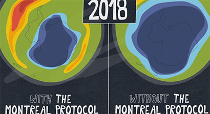 Rappresentazione di quale sarebbe stata l’entità dell’assottigliamento dell’ozono nel 2018 se non fosse stato ratificato il protocollo di Montreal nel 1987 (e successivi emendamenti) artide6