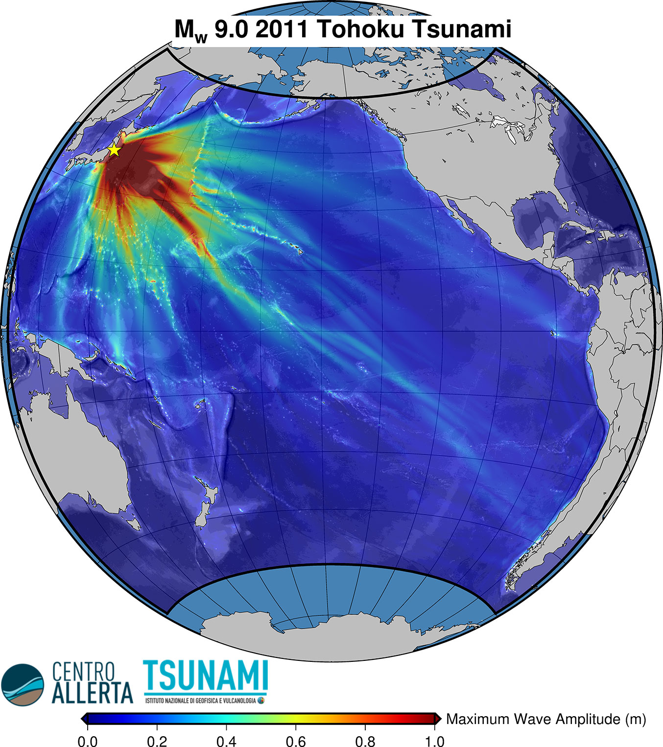 L’immagine mostra il campo delle ampiezze massime dello tsunami generato dal terremoto di Tohoku 2011 e simulate numericamente nell’oceano Pacifico. La modellazione numerica dello tsunami è stata eseguita con il codice multi-GPU Tsunami-HySEA (Macías et al., 2017), mentre la generazione dello tsunami è stata modellata utilizzando il modello di dislocazione cosismica pubblicato nello studio di Romano et al. (2014). terra racconta1