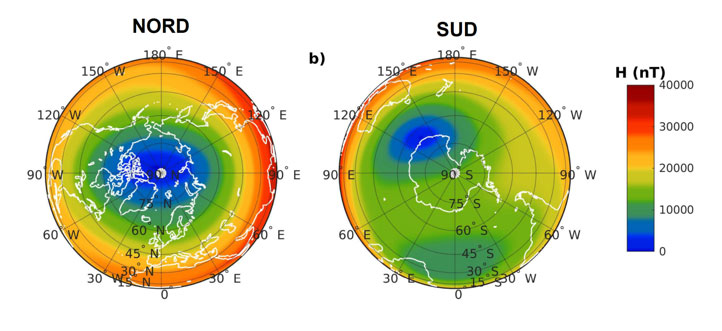 Componente orizzontale (H) del campo magnetico terrestre osservato dai satelliti Swarm. I poli magnetici sono localizzati nelle aree in cui H è minimo (aree in blu) mentre la componente verticale è massima. artide2