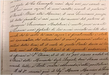 Evidenziato in arancione la cronaca dell’evento a Brindisi, tratto da Cagnes e Scalese 1743:” …. è stato così spaventoso, che ritirandosi il mare, faceansi vedere aperture della terra, et il molo di porta Reale diviso in tre parti…” (ASL, Notaio O. De Carlo, (1743); De Simone, 1993). terra racconta 1