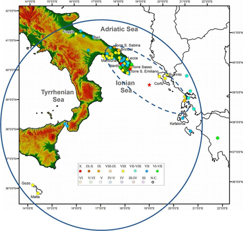 Mappa delle intensità macrosismiche del terremoto del 1743 rivalutate da Nappi et al., (2017) integrate con i valori di intensità delle altre località dal CFTIMed04 (Guidoboni et al. 2007). La stella rossa rappresenta la localizzazione epicentrale ipotizzata in questo studio. L’ellisse include le località con intensità macrosismica I≥VIII MCS e ESI; Il cerchio include le località con intensità macrosismica I>VI MCS terra racconta 3