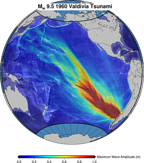 Ampiezza massima simulata nell'Oceano Pacifico dello tsunami generato dal terremoto di Valdivia nel 1960. terra racconta3