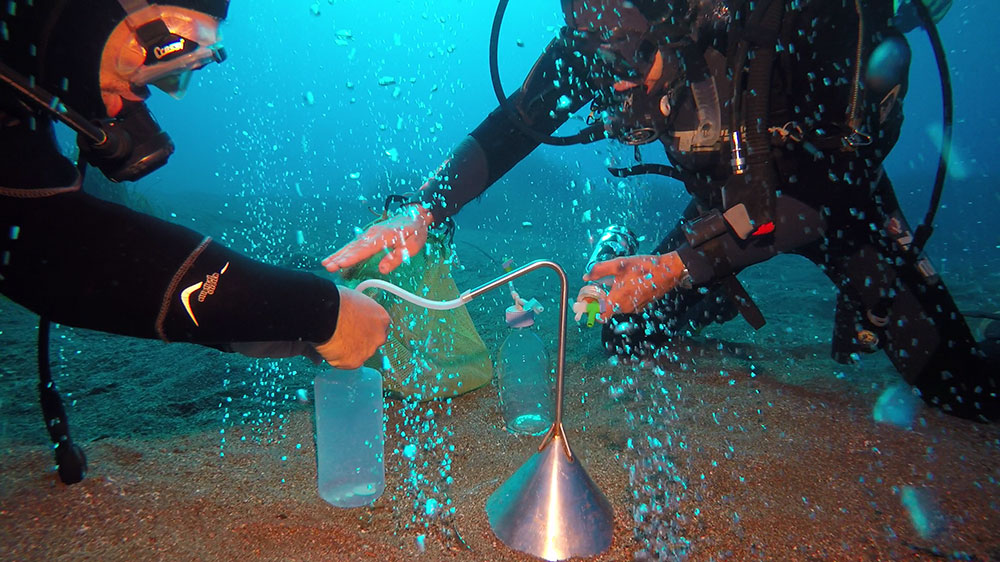 Campionamento fluidi idrotermali fasi del prelievo periodico dei fluidi idrotermali emessi a fondo mare al largo di Panarea artide1