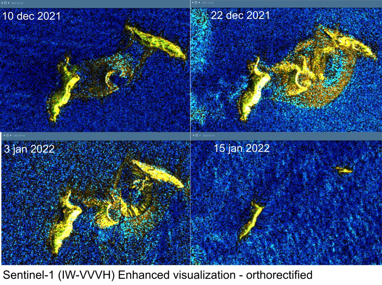 Questa serie di immagini radar riprese dal satellite Sentinel 1 mostra i cambiamenti nella morfologia dell’isola formatasi con l’eruzione del 2014-2015 e cresciuta durante l’attività di dicembre 2021. L’ultima immagine (15 gennaio 2022) mostra che non solo tutto il terreno creato dalle eruzioni precedenti è scomparso, ma anche le due isole che esistevano da tempo, prima delle eruzioni del 2009 e 2014-2015, hanno subito una notevole riduzione in superficie fucina1