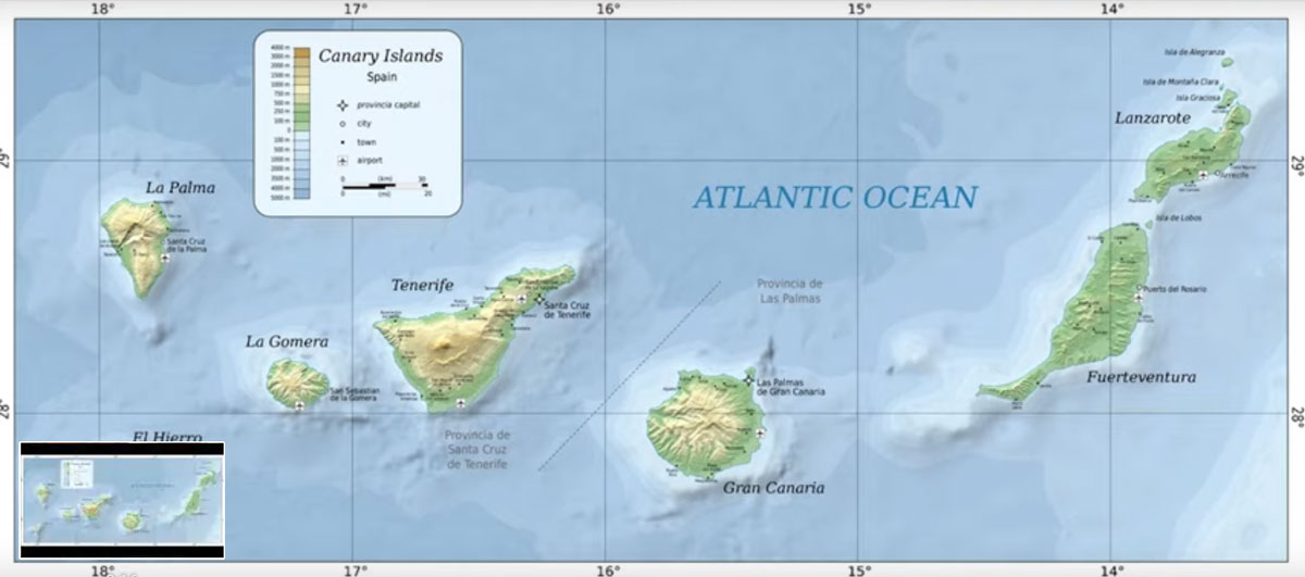 Mappa delle isole Canarie. ospite1