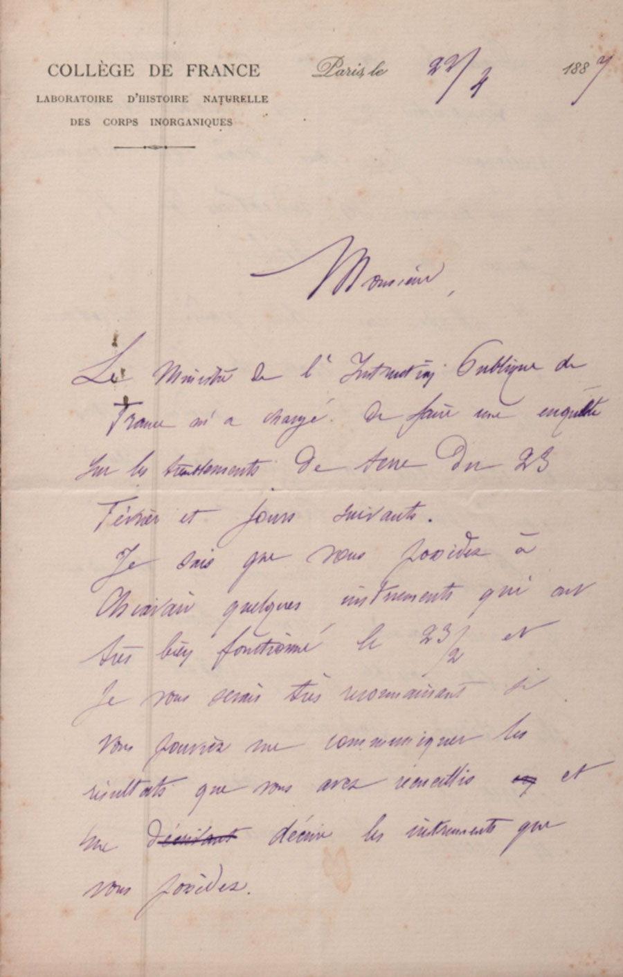 Lettera inviata all’osservatorio meteo sismico di Chiavari (Provincia di Genova) dal Laboratorio di Storia Naturale del Collegio di Francia, da parte del Ministero Francese della manutenzione pubblica, con richiesta di informazioni sul terremoto del 1887 terra racconta4
