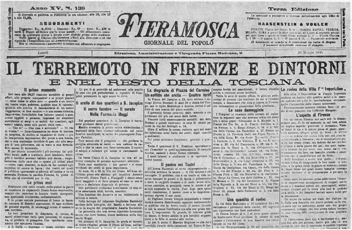 La notizia del terremoto riportata da un giornale fiorentino dell’epoca, “Fieramosca” (da Cioppi, 1995). terra racconta Bernardini